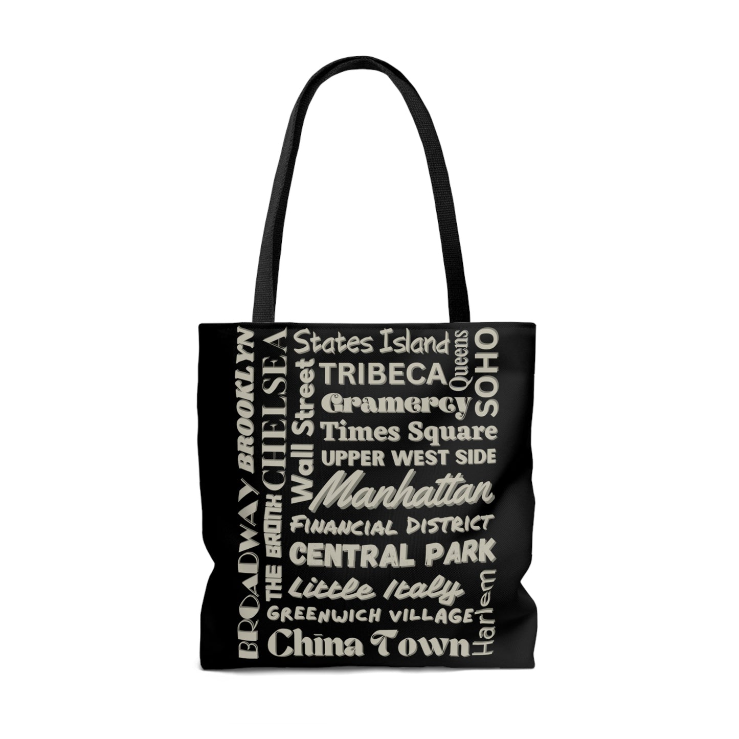 NYC Boroughs & Neighborhoods (2 sided print)- AOP Tote Bag (BLACK)-"Streetwear Meets Sophistication"