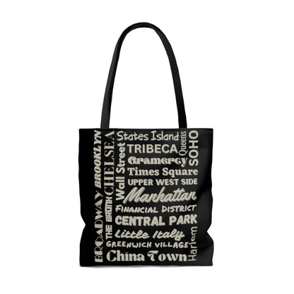 NYC Boroughs & Neighborhoods (2 sided print)- AOP Tote Bag (BLACK)-"Streetwear Meets Sophistication"