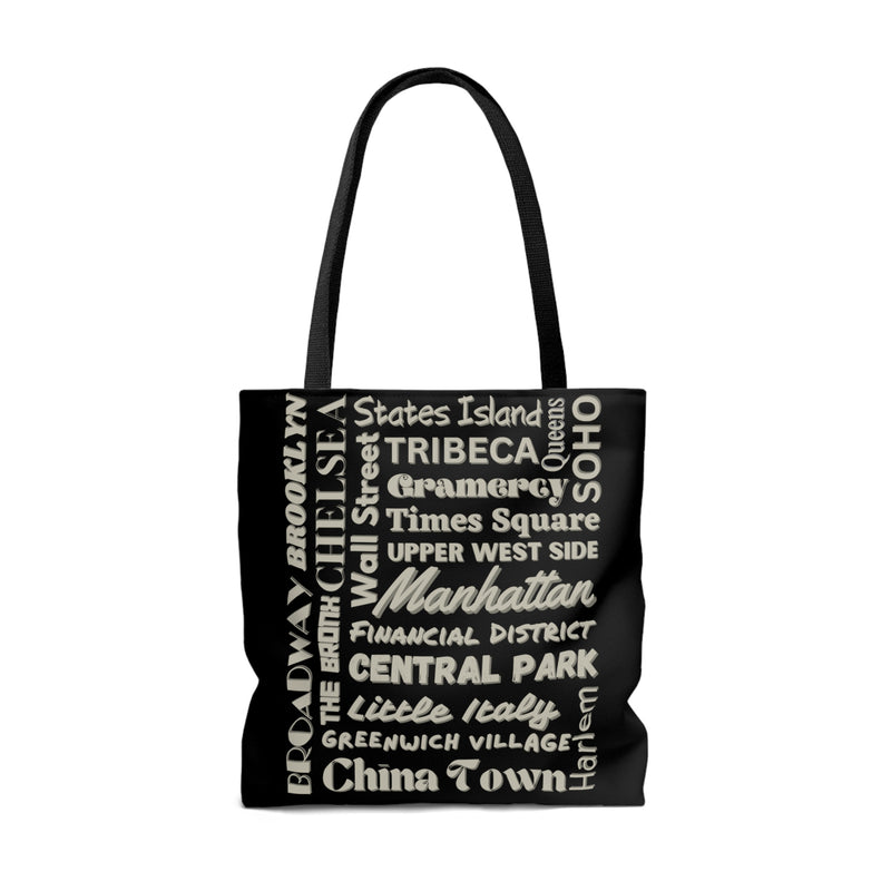 NYC Boroughs & Neighborhoods (2 sided print)- AOP Tote Bag (BLACK)