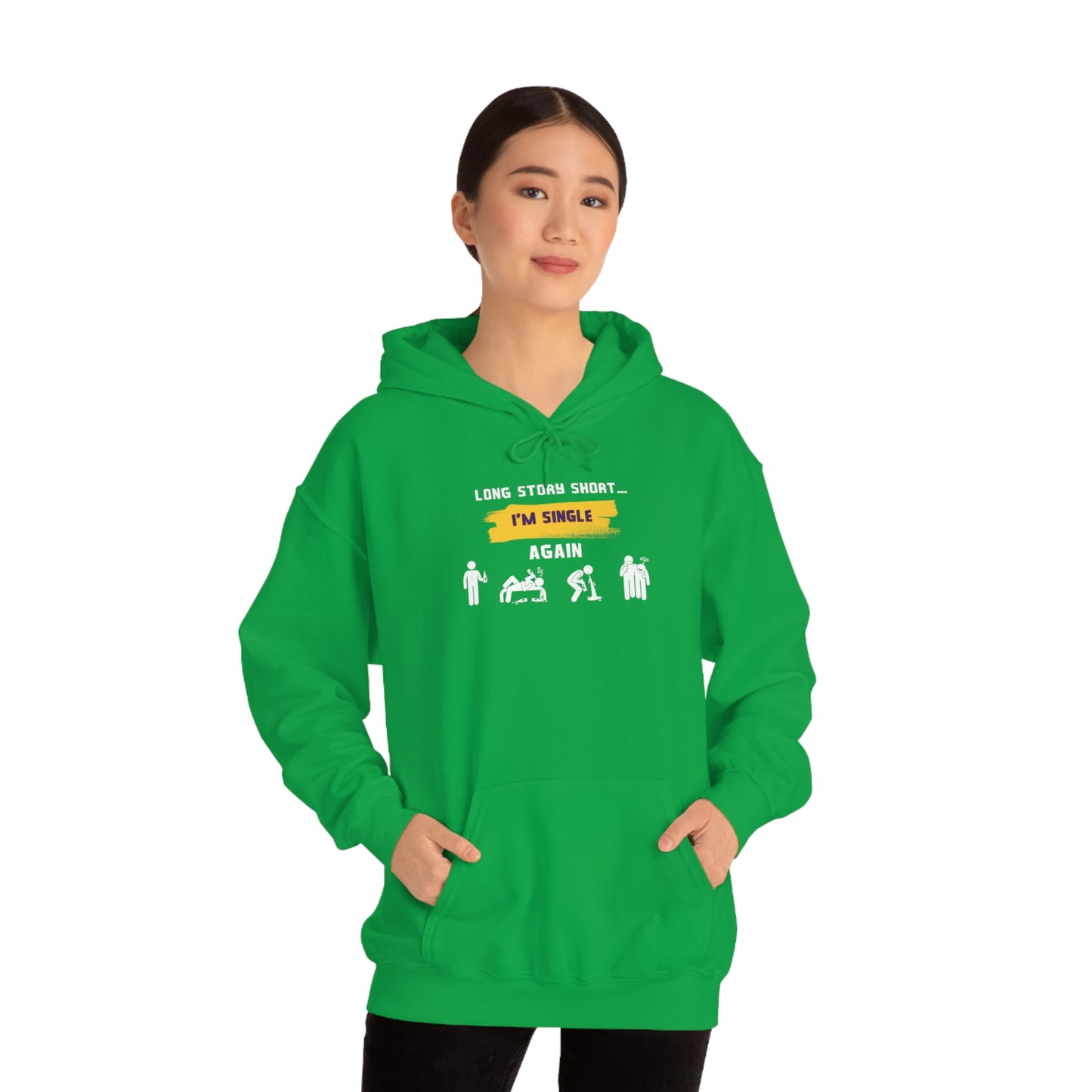 LONG STORY SHORT- Unisex Heavy Blend Hooded Sweatshirt (VARIETY OF COLORS) “Zero Baggage, Maximum Rizz — Single Life Graphic Shirt”